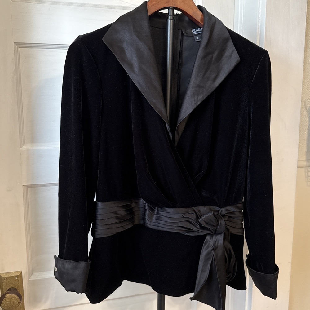 Tadashi Shoji Black Velvet Wrap Jacket with Satin Trim